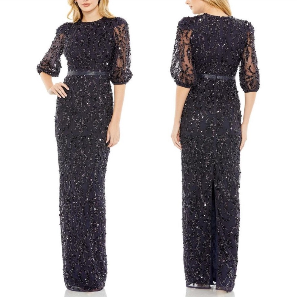 MAC DUGGAL Embellished Sequined Elbow Sleeve Formal Maxi Gown Midnight - Reemoly